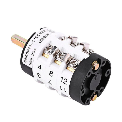 Tire changer switch: white rotary selector with numbered 4/8/12, metal terminal blocks and black front face.