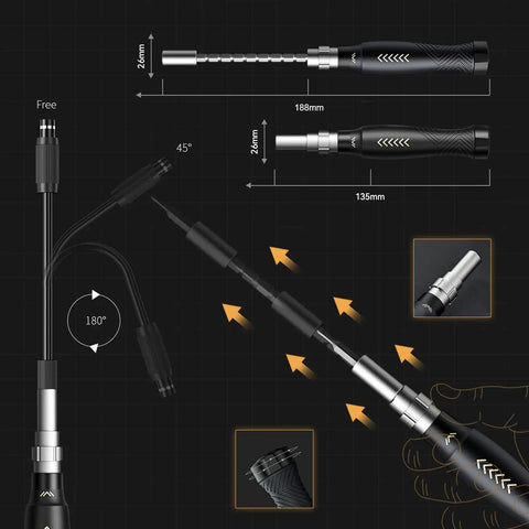164 In 1 Precision Screwdriver Set showing adjustable handle and flexible shaft, ideal for MacBook, iPhone, PC, RC repairs.