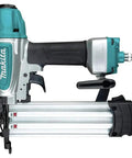 Lightweight 18 Gauge Brad Nailer, Drives 5 Eighths To 2 Inches, 2.9 Lbs Aluminum Body, Narrow Nose For Tight Spots, Pro Grade Build For Trim Cabinets And Woodworking Projects shown in side view laying flat on gray background