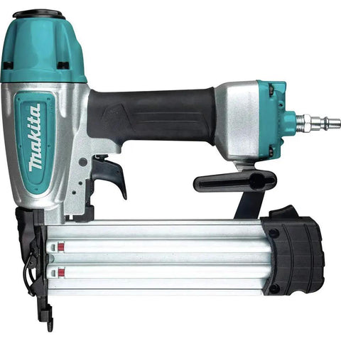 Lightweight 18 Gauge Brad Nailer, Drives 5 Eighths To 2 Inches, 2.9 Lbs Aluminum Body, Narrow Nose For Tight Spots, Pro Grade Build For Trim Cabinets And Woodworking Projects shown in side view laying flat on gray background