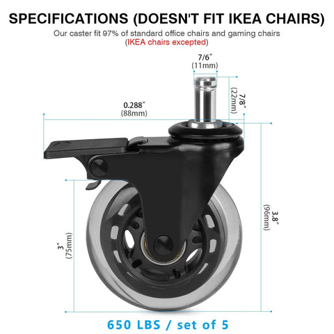 Smooth Rolling Office Chair Casters With 11mm Standard Stems showing a 3 inch polyurethane wheel and specifications.