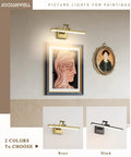 Brass Gold LED Picture Light With Adjustable Swing Arm For Paintings shown illuminating artwork on a wall, two color options displayed.