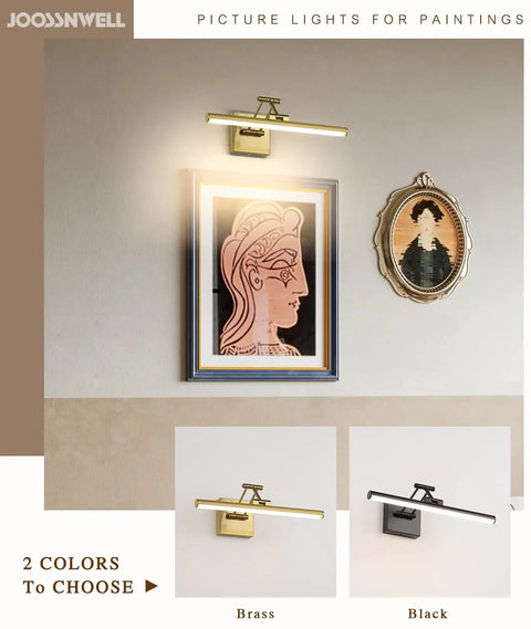 Brass Gold LED Picture Light With Adjustable Swing Arm For Paintings shown illuminating artwork on a wall, two color options displayed.