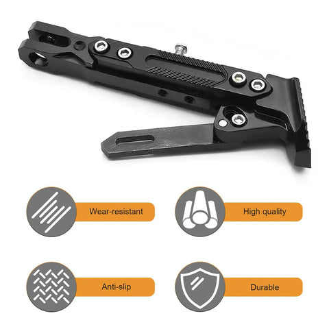 Adjustable Motorcycle Kickstand Built For Real World Rides, Heavy Duty Aluminum Alloy Universal Parking Stand shown from side view
