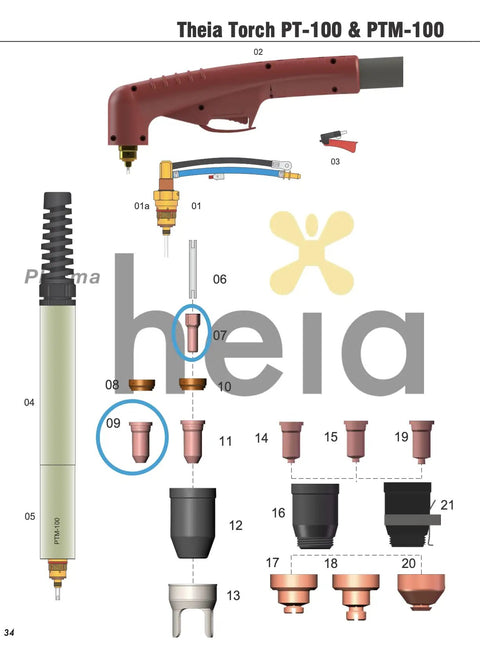 Illustrated components of PT100 Plasma Cutting Consumables Kit for Everlast PowerPlasma 102i 100s, featuring tips and electrodes.