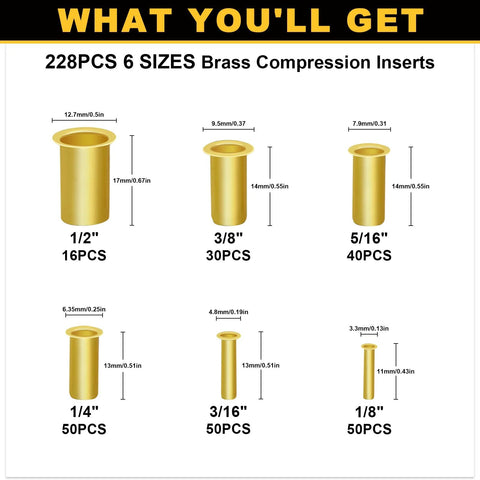 Brass compression tube inserts assortment kit with six sizes: 1/2, 3/8, 5/16, 1/4, 3/16, 1/8 in; counts 16, 30, 40, 50, 50, 50