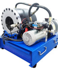 Portable 12V Electric Hydraulic Hose Crimping Tool with robust motor and heavy-duty dies for auto line repairs.