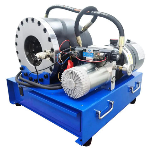 Heavy Duty Hydraulic Hose Crimping Machine Portable Electric Pipe Crimper 12V Shop Essential with motor and hydraulic components.