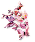 Mixed Pack Of 12 3D Pink Butterfly Wall Stickers For Home Decor On Smooth Surfaces displayed in various sizes and designs
