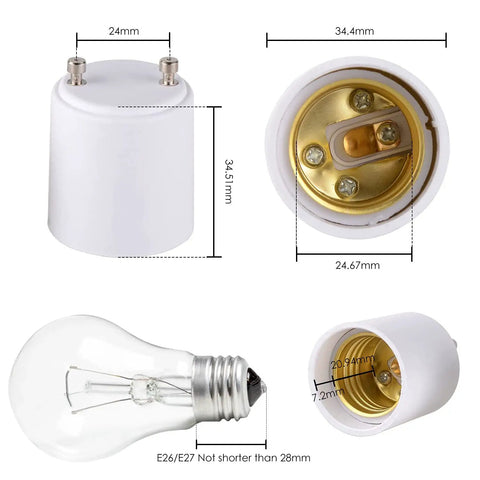 GU24 To E26 E27 Adapter For LED Bulbs Converts Your Pin Base Fixture To A Standard Screw-In Lamp Socket Easy Install No Hassle Plug-In Two Pack Fits Most Residential Lamps And Fixtures with bulb and dimensions.