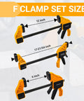 Six Piece Woodworking Bar Clamp Set With Quick Change Button 12 Inch And 6 Inch Nylon F Clamps 150 Lb Load Capacity Light Duty For DIY Projects In The Shop One Handed Spreader Bar Clamps. 12-inch and 6-inch clamps shown