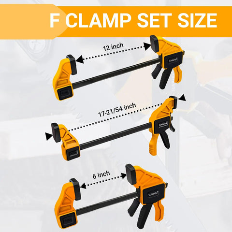 Six Piece Woodworking Bar Clamp Set With Quick Change Button 12 Inch And 6 Inch Nylon F Clamps 150 Lb Load Capacity Light Duty For DIY Projects In The Shop One Handed Spreader Bar Clamps. 12-inch and 6-inch clamps shown