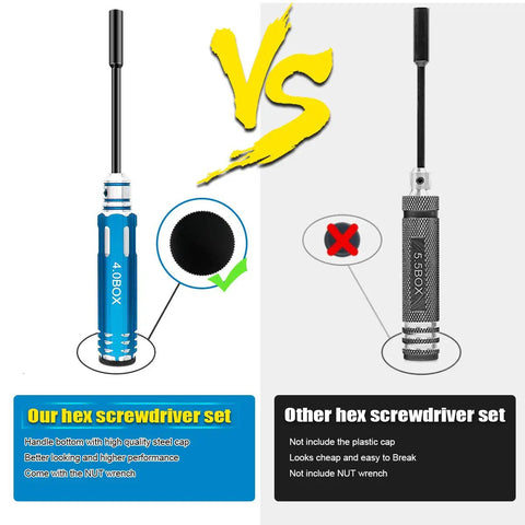 Comparison of All In One Tool Kit hex drivers, highlighting 40BOX blue driver with high-quality cap versus a competing driver.