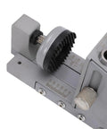 Close-up of adjustable pocket hole jig kit with steel bushing, measuring scale, for woodworking cabinet projects.