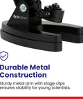 M30 Series 52-Piece STEM Microscope Kit For Kids, close-up of durable black metal base with focus knob, monocular microscope