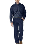 Men's CAT2 Flame Resistant Cool Touch Dress Shirt Navy X Large With NFPA Compliant Arc Rating shown on model with dual chest pockets.