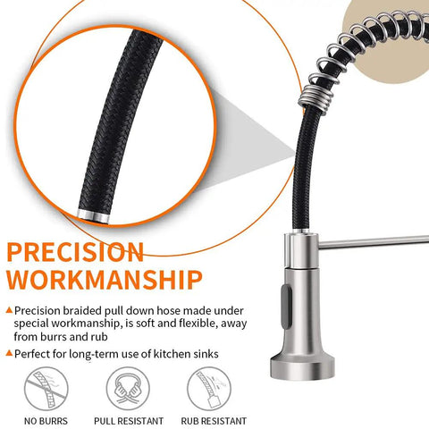 Heavy Duty Kitchen Faucet With Pull Down Sprayer Built To Last Single Handle 1 Hole Or 3 Hole Mount Brushed Nickel Finish hose detail