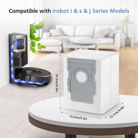 Automatic Dirt Disposal Vacuum Bags For I7 I7 Plus J7 J7 Plus I3 I4 I4 Plus I6 I6 Plus I8 I8 Plus S9 S9 Plus Series Replacement 16 Pack shown on table with dimensions