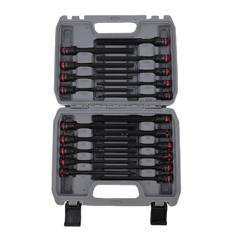 Heavy Duty 3/8 Drive Long Impact Hex Bit Socket Set With 20 Piece SAE Metric Sizes In Premium S2 Steel Extended Bits For Tough Jobs And Heavy Machinery That Will Rock Your World. 20-piece S2 steel hex bit socket set in case