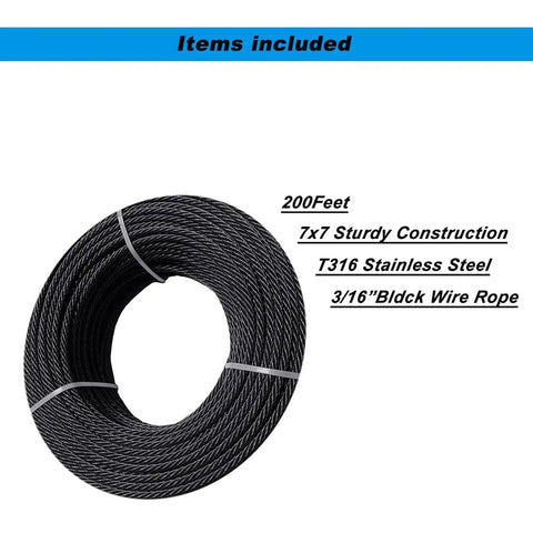 Coiled Blackened Three Sixteenth Inch Wire Rope Cable T316 Stainless Steel 7x7 Strand 200 Feet For Deck Railing Hardware Kit