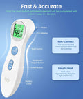 Fast Forehead Thermometer For Adults And Kids Digital Infrared Thermometer With 1 Second Reading Ultra Accurate To 0.1F And 0.1C And Accurate To Plus Or Minus 0.4F Or 0.2C Easy Start Button Perfect For Babies And The Whole Family Fever Checker. White non-contact digital forehead thermometer with LCD display, start button and object mode.