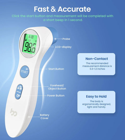 Fast Forehead Thermometer For Adults And Kids Digital Infrared Thermometer With 1 Second Reading Ultra Accurate To 0.1F And 0.1C And Accurate To Plus Or Minus 0.4F Or 0.2C Easy Start Button Perfect For Babies And The Whole Family Fever Checker. White non-contact digital forehead thermometer with LCD display, start button and object mode.