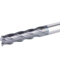 Close-up of Four Flute Carbide End Mill One Eighth Inch Cutting Diameter One Half Inch Cutting Length Upcut Spiral Router Bit CNC Cutter