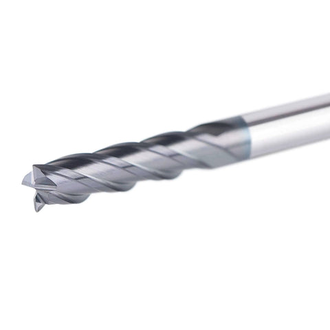 Close-up of Four Flute Carbide End Mill One Eighth Inch Cutting Diameter One Half Inch Cutting Length Upcut Spiral Router Bit CNC Cutter