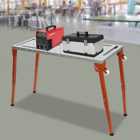 Heavy Duty Welding Table And Workbench With 46 By 18 Inch Foldable Cart And 1000 Lb Load Capacity with welding machine and toolbox.