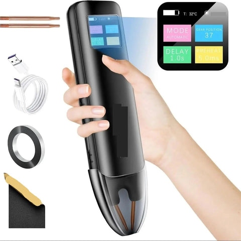 Handheld Spot Welder With 99 Adjustable Settings, 1.3 Inch LCD Display, dual mode, shown with accessories and LCD readout