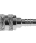 Side view of metal boat fuel connector for three eighths inch hose female fitting, showing leak free design with secure fit