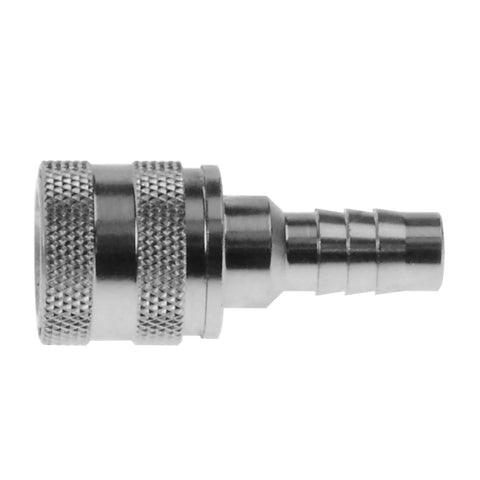 Side view of metal boat fuel connector for three eighths inch hose female fitting, showing leak free design with secure fit