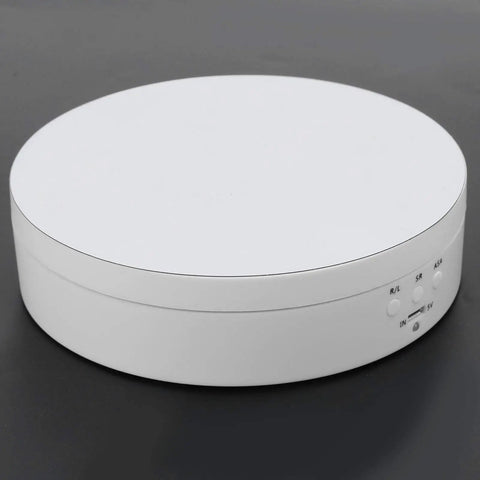 Electric Rotating Display Stand For Jewelry Watch Cosmetics And Toys 3 Speeds 360 Turntable With USB Charging Port white ABS material side view