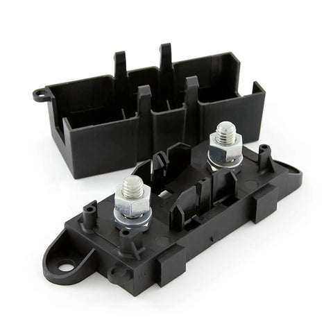 Street Ready Mega Fuse Holder Bolt Down Mount For High Current Anr And Amg Fuses Secured With M8 Hardware Splash Resistant Stackable Rig Build Electrical Upgrade Kit, black fuse holder with M8 bolts.