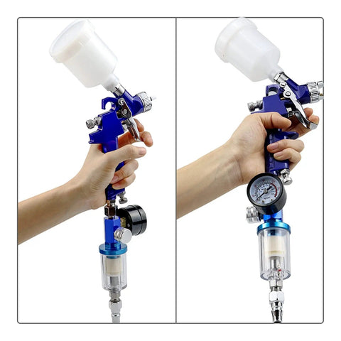 Professional Spray Gun Pressure Regulator Featuring A No Nonsense Oil Water Separator Filter To Keep Damp Moisture Out and guarantee a straight up slick finish on every detail job, held in hand.
