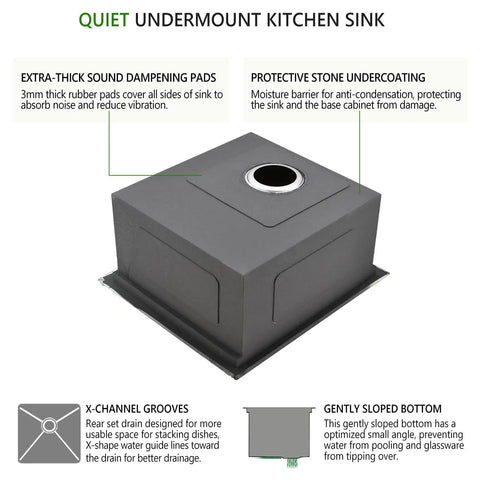 Illustration of Undermount Bar Sink 13x15 Inches 16 Gauge Stainless Steel with sound dampening pads and stone undercoating.