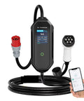 Portable 11Kw Type2 EV Charger With Wifi App Control And Gbt Adapter displaying app and charger with 16A plug.
