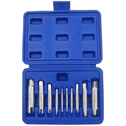 Heavy Duty 10 Pc Screw Tap Extractor Set M4 To M22 High Hardness Carbon Steel Easy Out Repair Kit For Stripped Damaged Broken Head Bolts Solid Grip In Your Car Or Home Tool Box. Blue case with 10-piece extractor set
