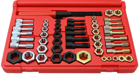 Rethreading Kit With 53 Pieces Including 19 Taps, 32 Dies And 2 Thread Files For NC NF And Metric Sizes, Great For Fixing Up Stripped Threads On Old Nuts And Bolts, Hex Taps And Dies For Easy Turning, Made In USA. Displayed in a red case with organized layout.