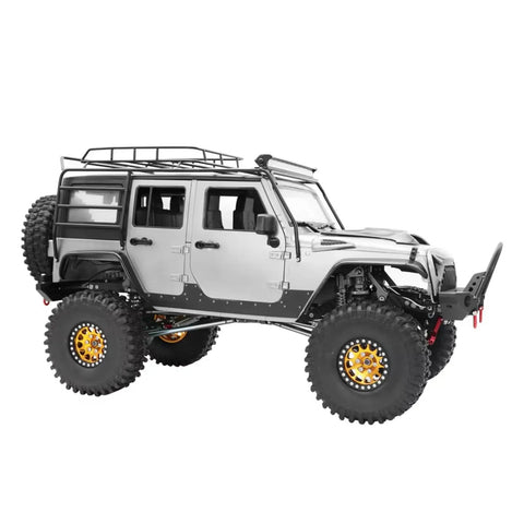 Side view of a 1/10 RC truck with Beefy Carbon Fiber 4mm Chassis Frame For Axial SCX10 II Rock Crawler, silver color, off-road use