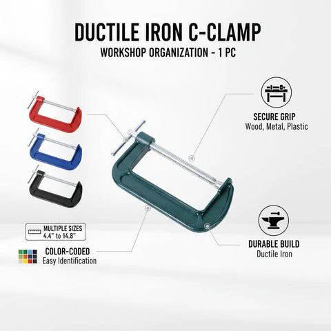 Heavy Duty Green Ductile Iron C Clamp For Secure Workholding And Tight Gluing Tasks With Smooth Screw Mechanism for wood, metal, and plastic.