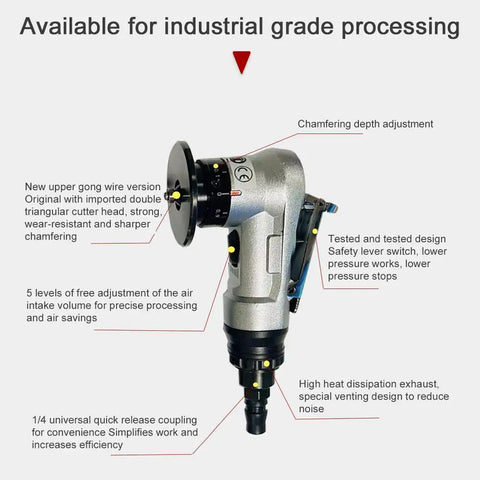Heavy Duty Pneumatic Chamfering Tool With Six Blades And Four Bearings For Wood Metal Acrylic Deburring showing chamfering depth adjustment.