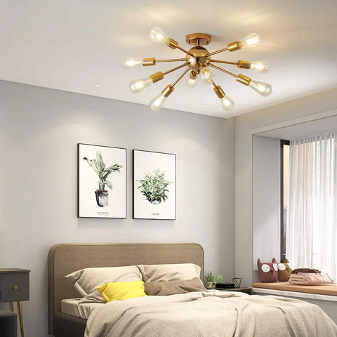 Rock A Killer Look With This Ten Light Gold Sputnik Chandelier Mid Century Modern Semi Flush Mount Ceiling Light In Brushed Brass Finish