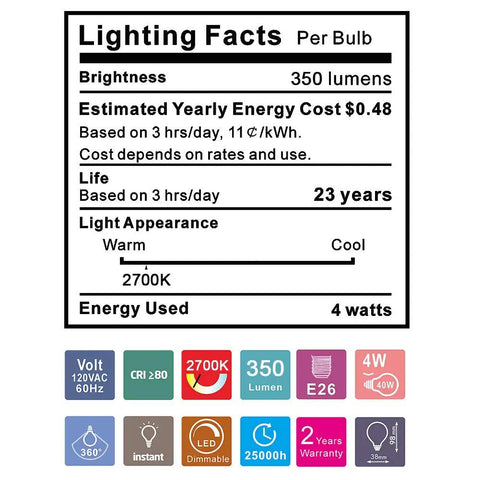 Lighting facts label for Dimmable Vintage Edison Style LED Tubular Bulbs, E26 Medium Base, 4W LED to 40W Incandescent Equivalent