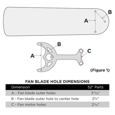 Antique Brass Replacement Fan Blade Arms Kit Five Piece Set For 52 Inch Ceiling Fans Easy Install diagram showing dimensions