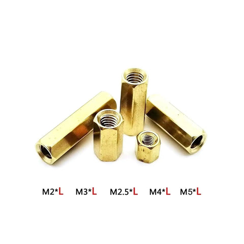 Hella Solid Brass Hexagonal Spacers For Pcb Motherboard M2 M2.5 M3 M4 Interval Bolts display of different sizes in brass.