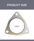 Front view of triangular graphite car exhaust flange gasket with three mounting holes and a 2.99-inch bore