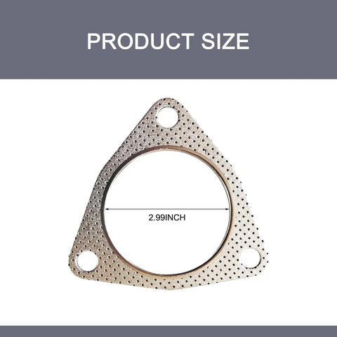 Front view of triangular graphite car exhaust flange gasket with three mounting holes and a 2.99-inch bore