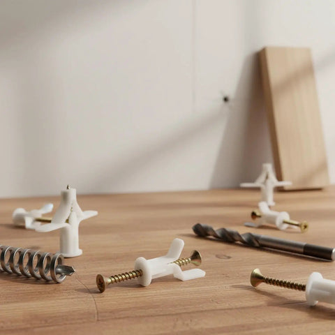 50 Pack Drywall Toggle Anchors With Carbon Steel Screws, Nylon Hollow Wall Mount Kit, displayed on wooden surface with tools