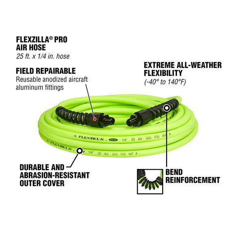 Workhorse Air Hose One Quarter Inch By Twenty Five Feet, Heavy Duty Hybrid Polymer coiled with visible fittings